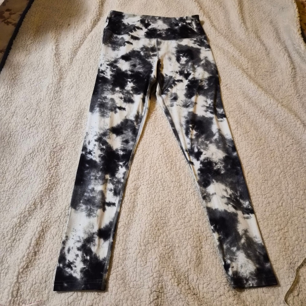 SO Womens Tie Dye Leggings Black White High Waisted Yoga Pants Large Athleisure